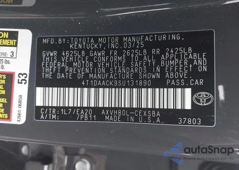 2025 Toyota Camry Se from USA, damaged, VIN 4T1DAACK9SU131890